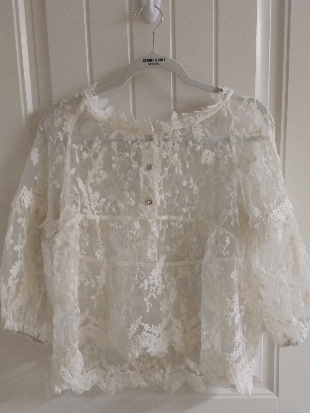 Kenneth Cole Ivory Lace Button-Front Peasant Blouse